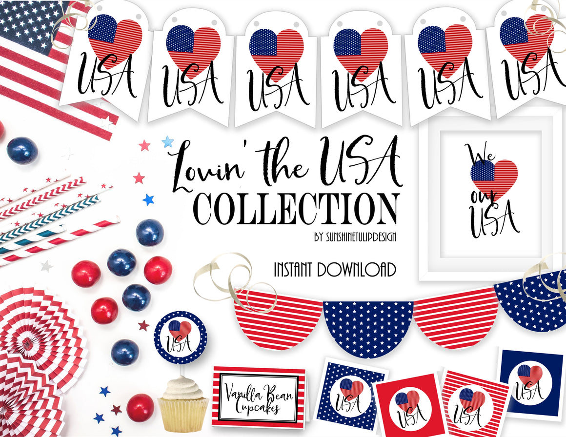 Printable 4th of July Decorations, Printable Patriotic Party Decorations, Printable Memorial Day Decorations by SUNSHINETULIPDESIGN