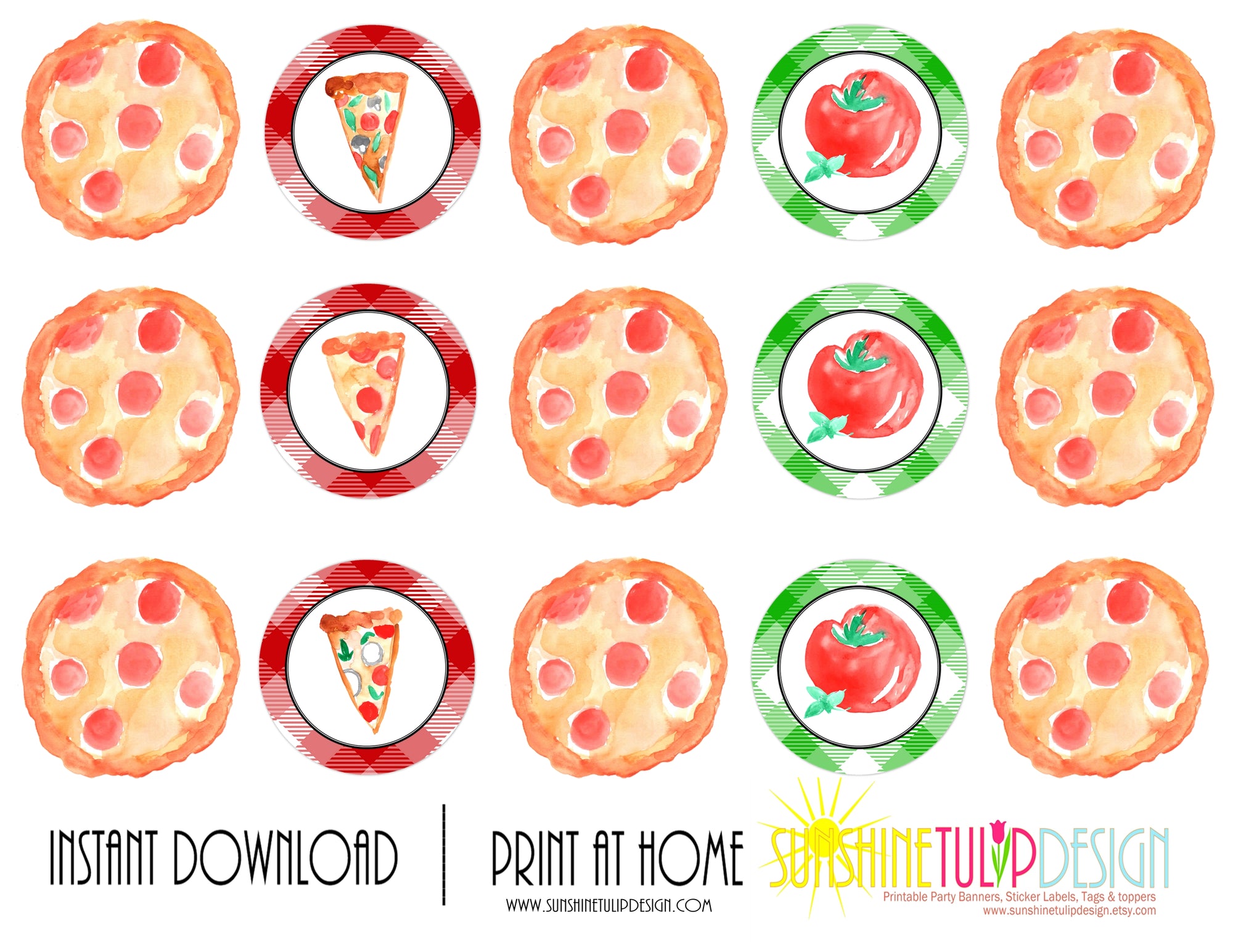 Printable Pizza Party Decorations, Instant Download Polka Dot Pizza Party Package by SUNSHINETULIPDESIGN