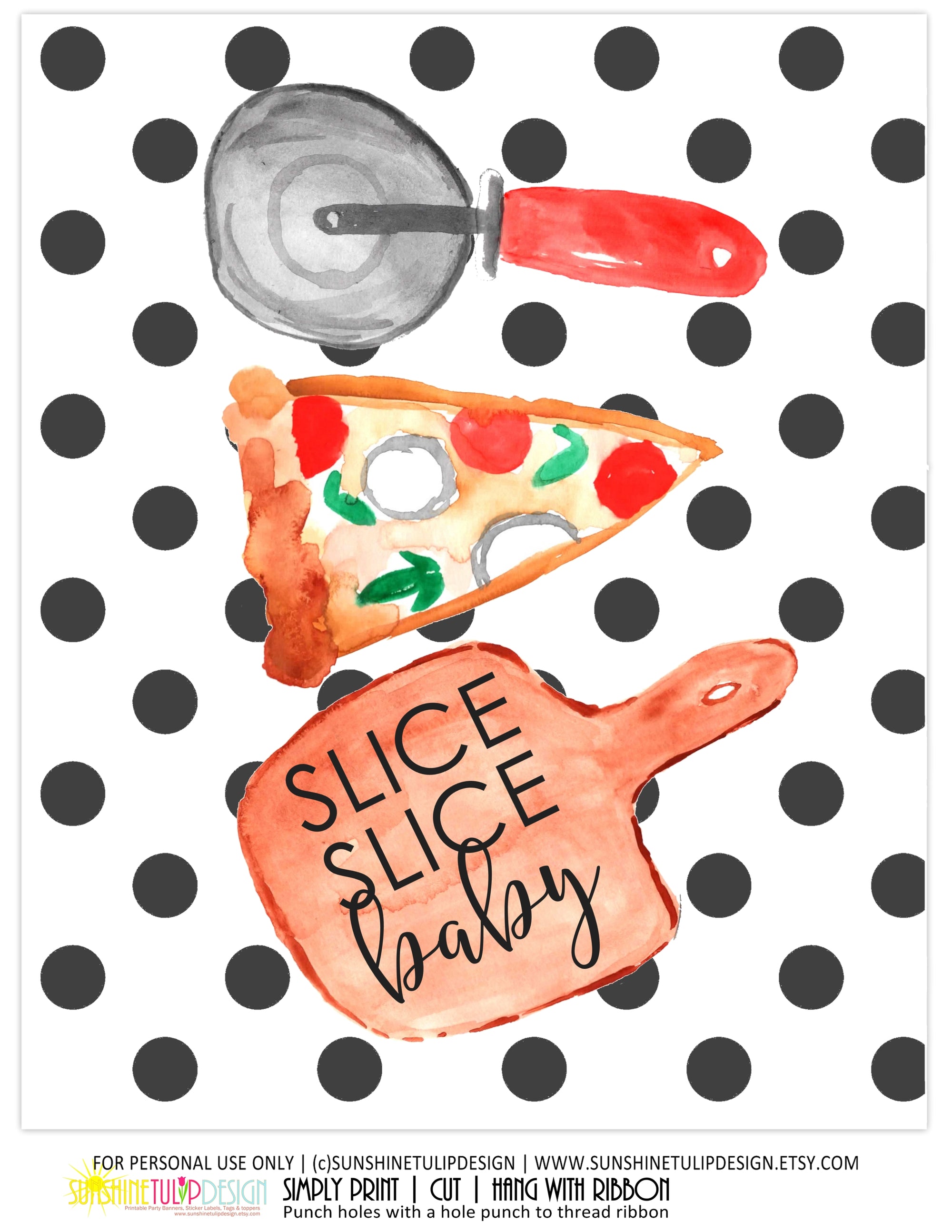 Printable Pizza Party Decorations, Instant Download Polka Dot Pizza Party Package by SUNSHINETULIPDESIGN