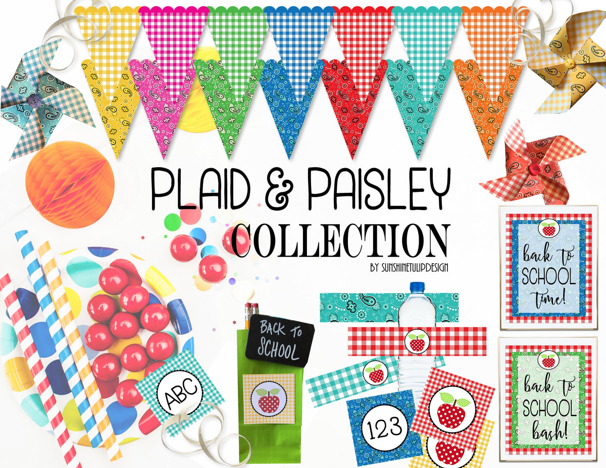 Printable Back To School Party, Printable Plaid and Paisley Collection by SUNSHINETULIPDESIGN