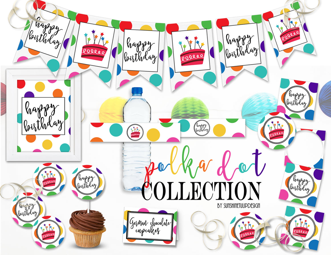 Printable Polka Dot Birthday Collection, Printable Rainbow Polka Dot Party Decorations by SUNSHINETULIPDESIGN