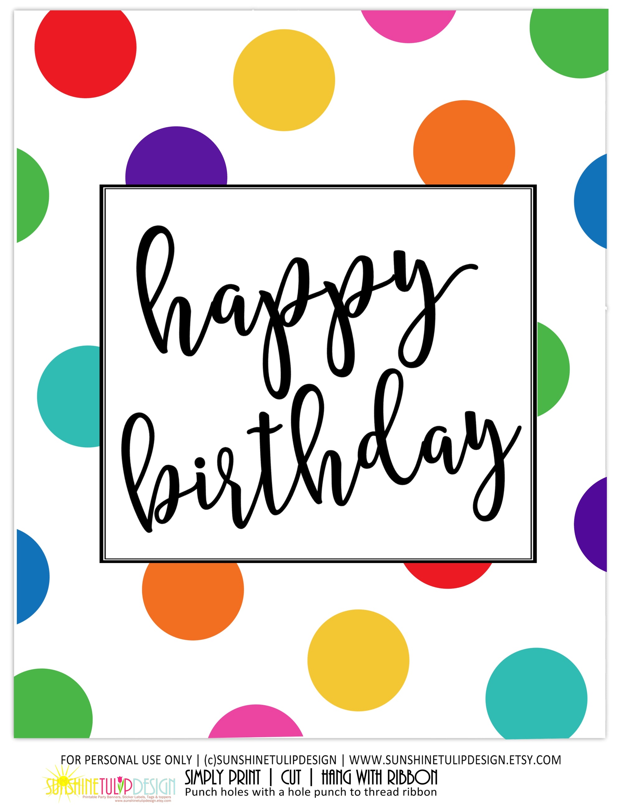 Printable Polka Dot Birthday Collection, Printable Rainbow Polka Dot Party Decorations by SUNSHINETULIPDESIGN