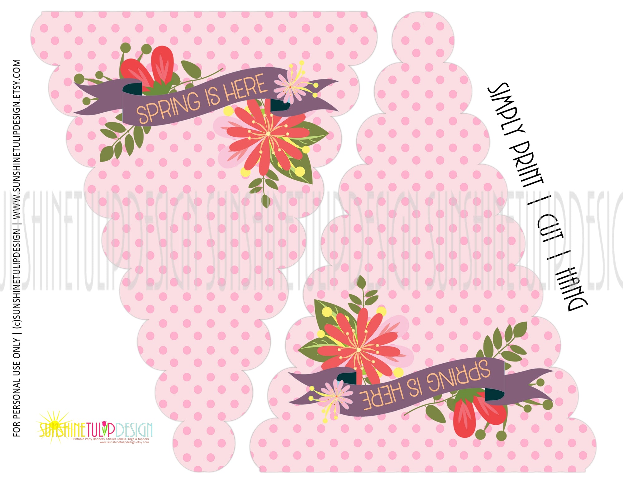 Printable Spring party banner, Printable Spring Party Scallop Banner, Printable Spring is Here Banner by SUNSHINETULIPDESIGN