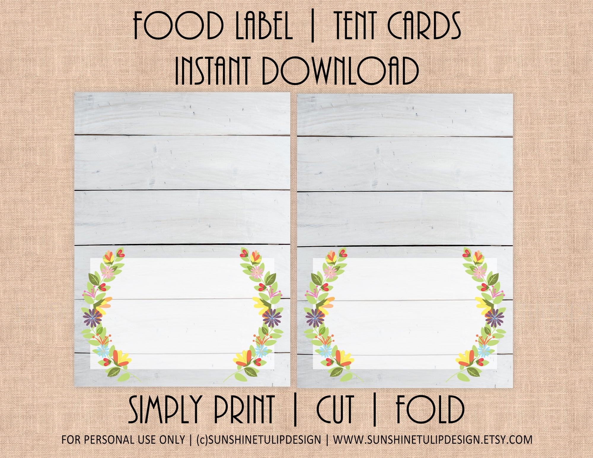 Printable Floral Shiplap Food Label Tent Cards, Blank Floral Spring All Occasion cards by SUNSHINETULIPDESIGN