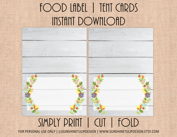 Printable Floral Shiplap Food Label Tent Cards, Blank Floral Spring All Occasion cards by SUNSHINETULIPDESIGN