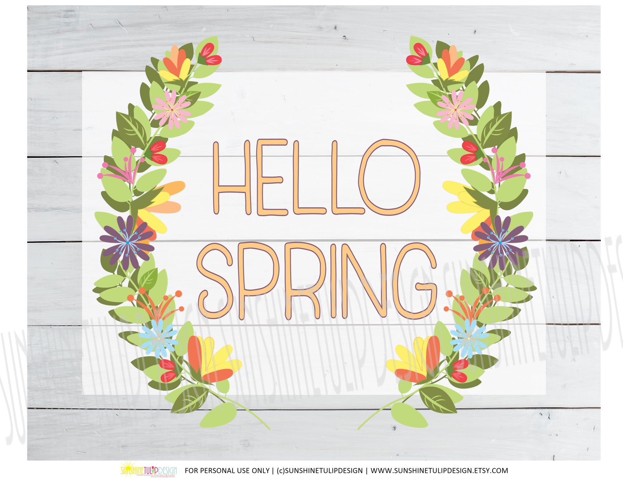 Printable Hello Spring Art, Printable Spring Wall Sign, Home Decor by SUNSHINETULIPDESIGN