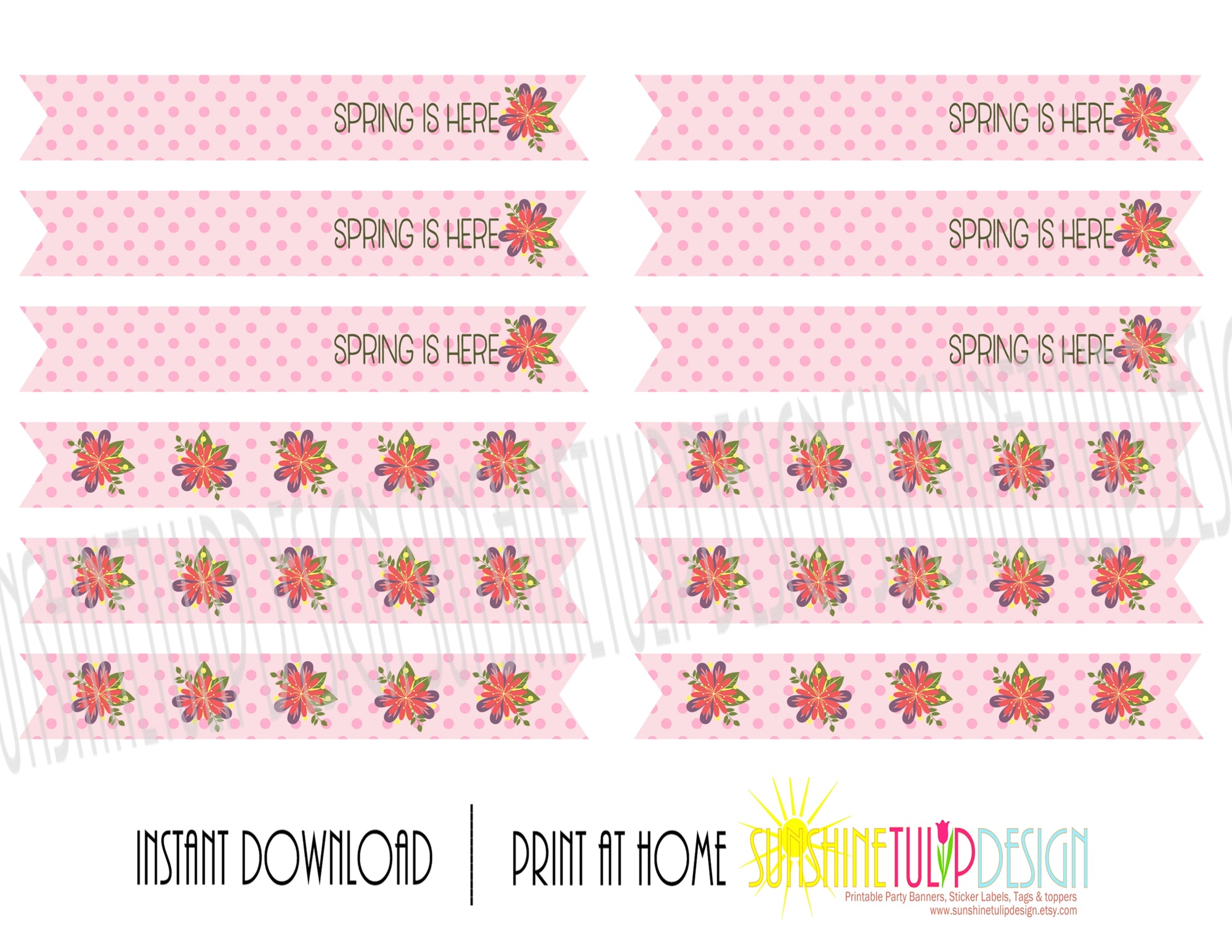 Printable Spring is Here Drink Flag Straws, Printable Spring Floral Flag Straws by SUNSHINETULIPDESIGN