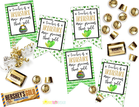 Printable St Patrick's Day Teacher Appreciation Tags, A Teacher is a Treasure Gift Tags by SUNSHINETULIPDESIGN