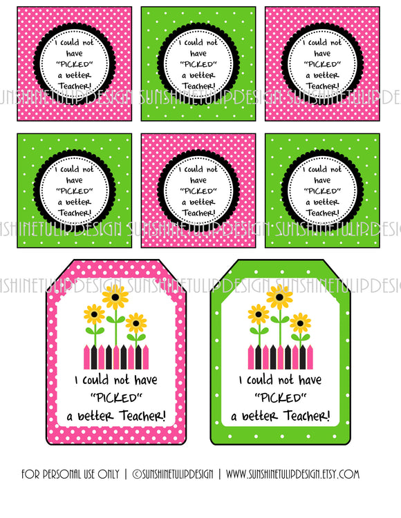 Printable Teacher Appreciation Gift Tags, I could not have PICKED a Better Teacher Printable Teacher Tags by SUNSHINETULIPDESIGN - Sunshinetulipdesign