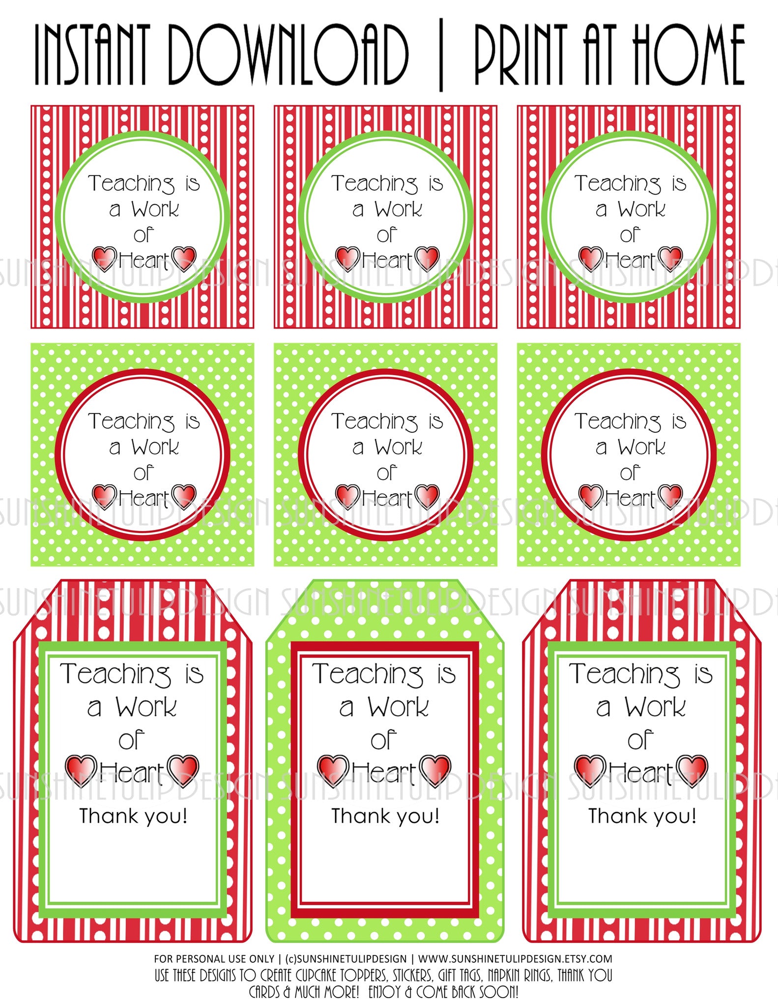 Printable Teacher Appreciation, Teaching is a Work of Heart Teacher Tags by SUNSHINETULIPDESIGN - Sunshinetulipdesign
