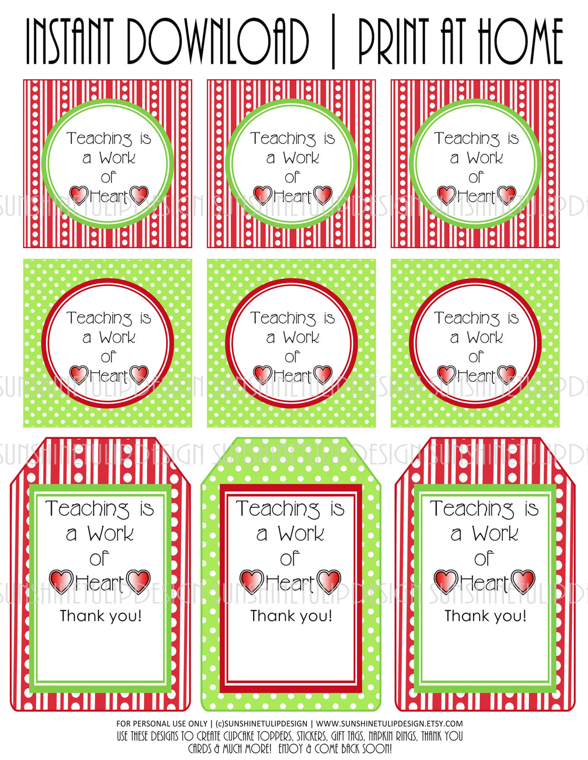Printable Teacher Appreciation, Teaching is a Work of Heart Teacher Tags by SUNSHINETULIPDESIGN