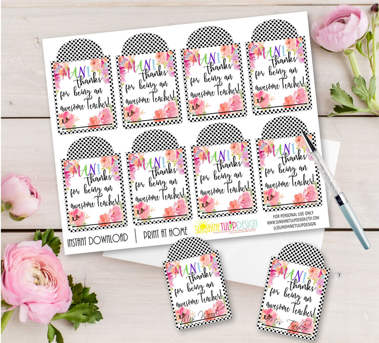 Printable Teacher Appreciation Mani Thanks Gift Tags, Nail Polish Appreciation Gift Tags by SUNSHINETULIPDESIGN