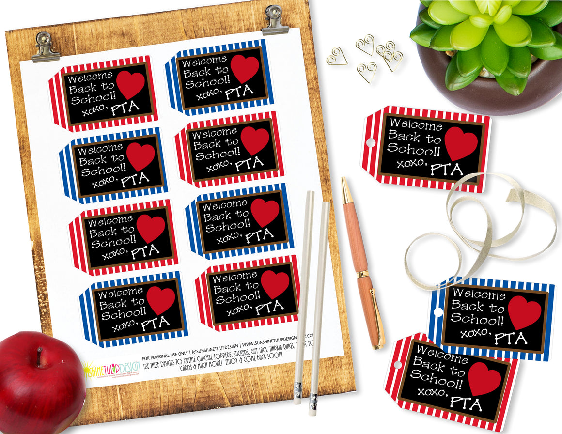 Printable PTA Stripe Tags, Welcome Back to School Teacher Appreciation Tags by SUNSHINETULIPDESIGN