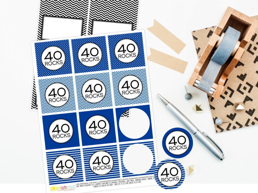 Printable 40th Birthday, 40 Rocks Cupcake Toppers, & Party Favor Tags by SUNSHINETULIPDESIGN - Sunshinetulipdesign - 1