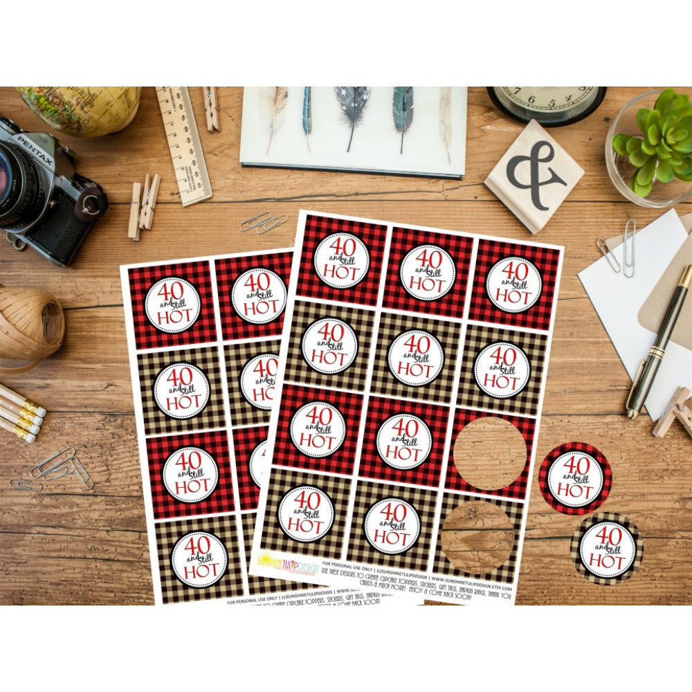 Printable 40th Buffalo Plaid Birthday, 40 and Still Hot Cupcake Toppers, & Party Favor Tags by SUNSHINETULIPDESIGN - Sunshinetulipdesign - 1