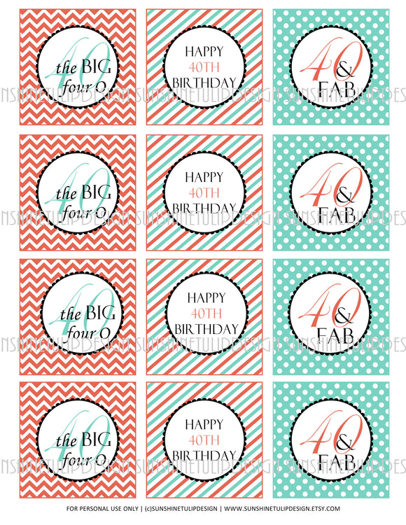 Printable 40th Birthday Coral and Aqua Cupcake Toppers, Sticker Labels & Party Favor Tags - Sunshinetulipdesign