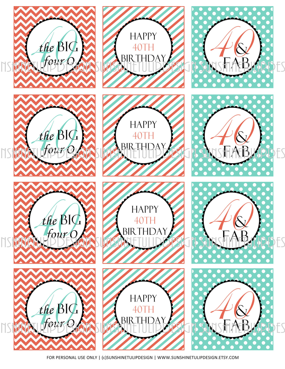 Printable 40th Birthday Coral and Aqua Cupcake Toppers, Sticker Labels & Party Favor Tags - Sunshinetulipdesign