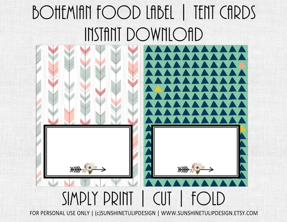Printable Bohemian Party Food Label Tent Cards by SUNSHINETULIPDESIGN - Sunshinetulipdesign