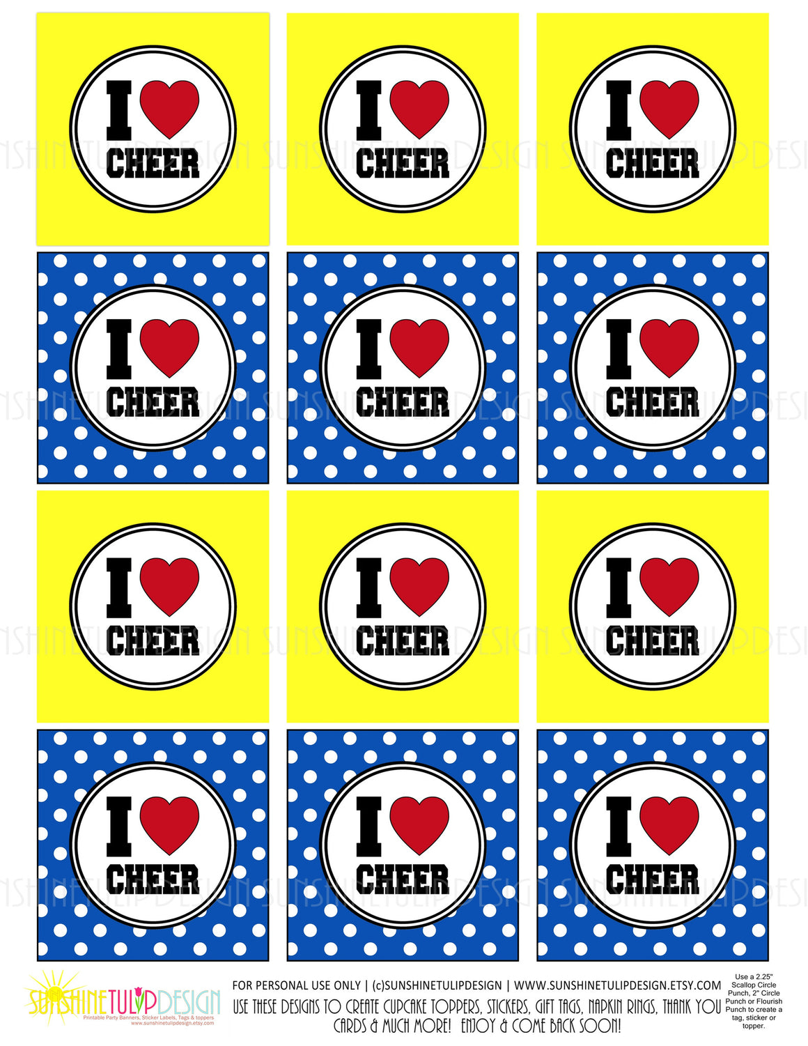 Printable Cheer Cupcake Toppers, Sticker Labels & Gift Tags - Sunshinetulipdesign