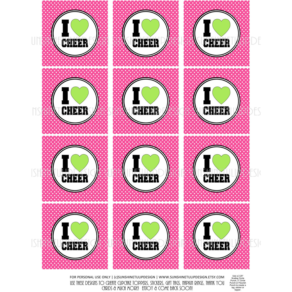 Printable Cheer Cupcake Toppers, I LOVE Cheer Cupcake Toppers, Cheer Sticker Labels & Gift Tags by SUNSHINETULIPDESIGN - Sunshinetulipdesign