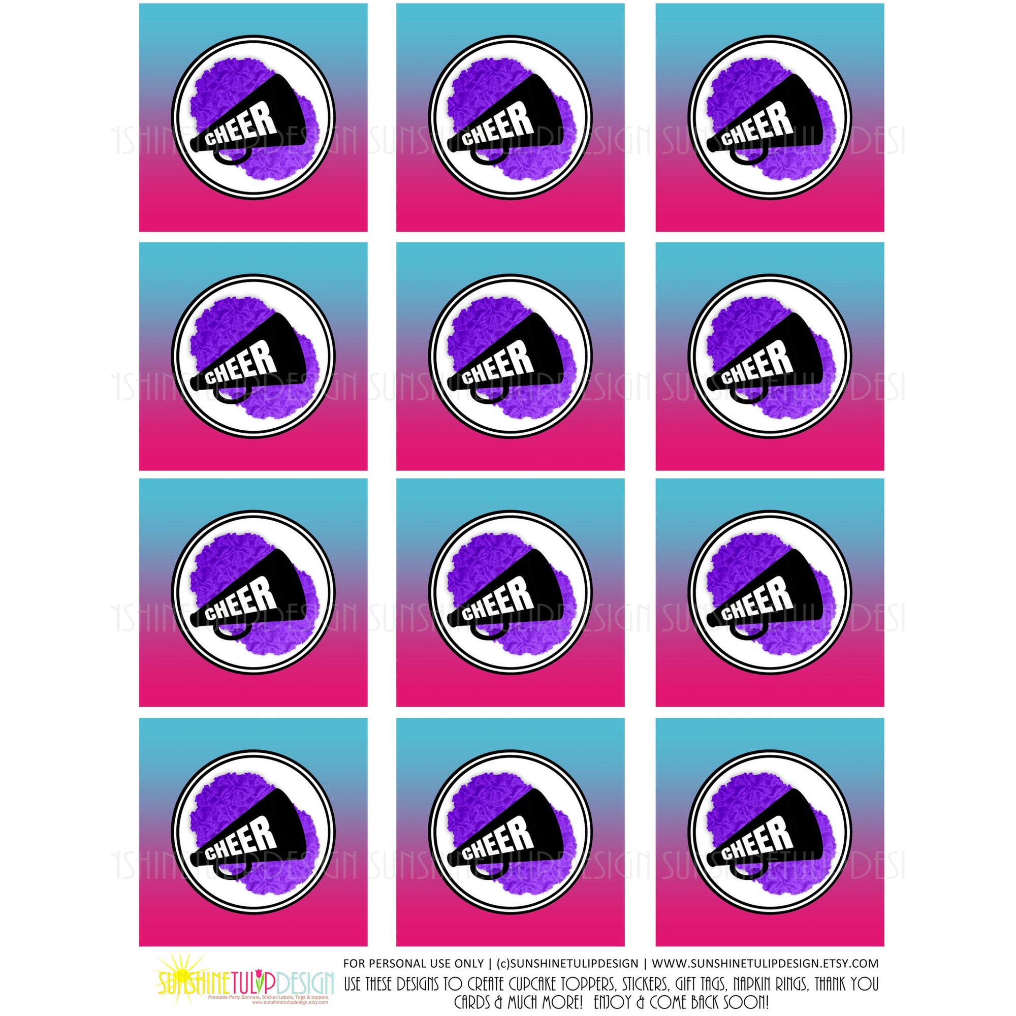 Printable Cheer Cupcake Toppers, Sticker Labels & Gift Tags - Sunshinetulipdesign