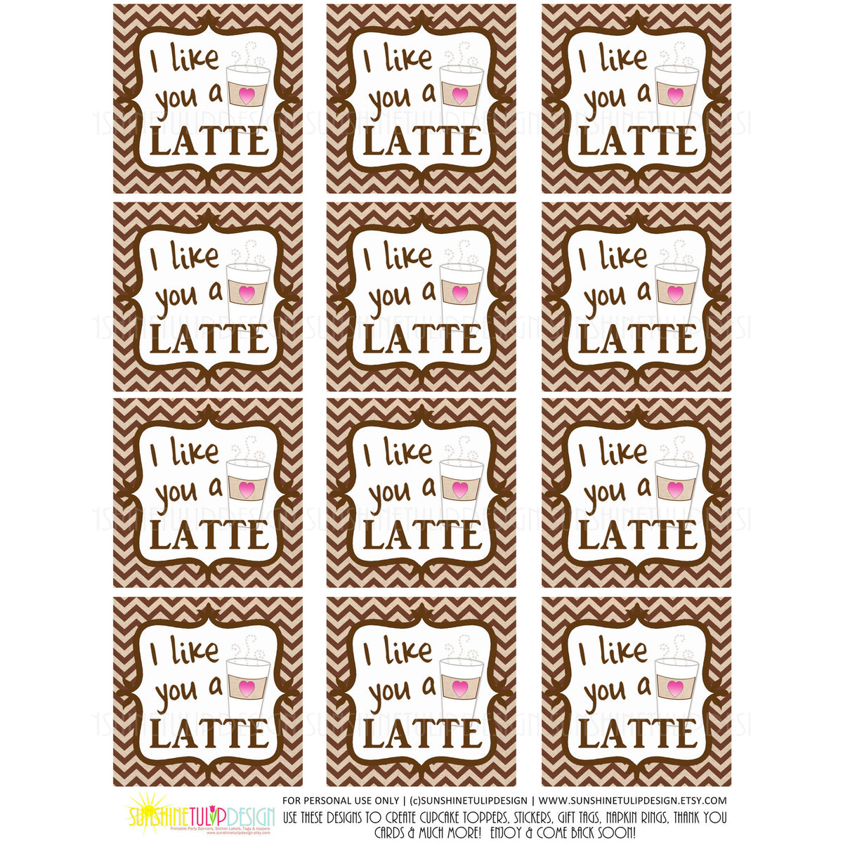 Printable Teacher Appreciation tags, Friendship gift tags, I Like you a LATTE Coffee Gift Tags by SUNSHINETULIPDESIGN