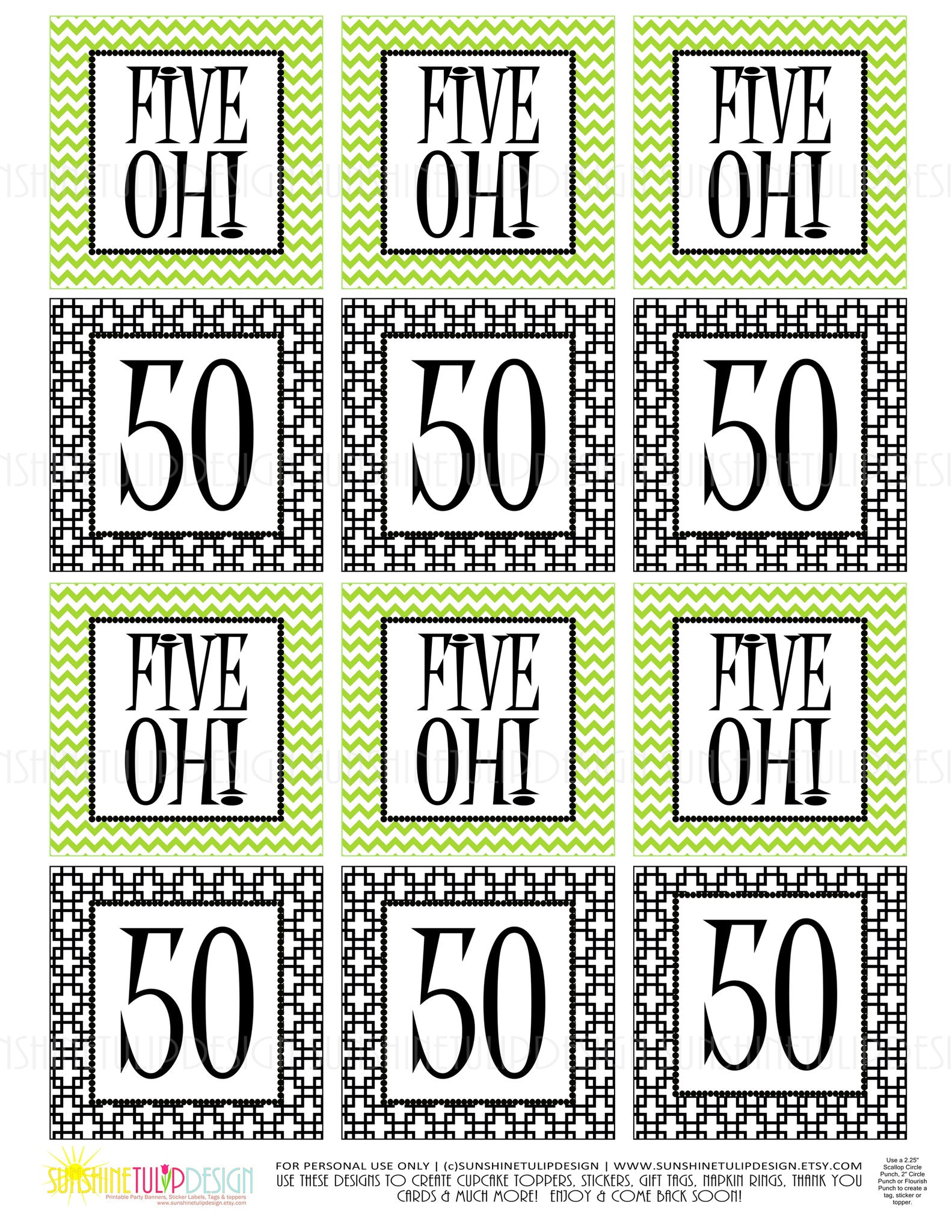 Printable 50th Birthday Five Oh! Lime Green & Black Cupcake Toppers, S - Sunshinetulipdesign for Free Printable 50th Birthday Cupcake Toppers