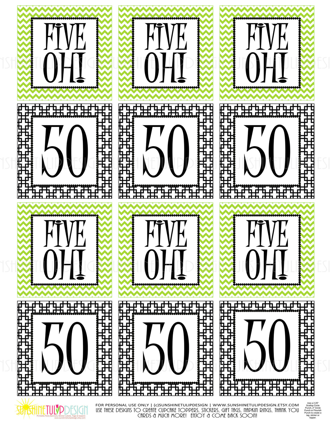 Printable 50th Birthday Five Oh! Lime Green & Black Cupcake Toppers, Sticker Labels & Party Favor Tags - Sunshinetulipdesign - 1