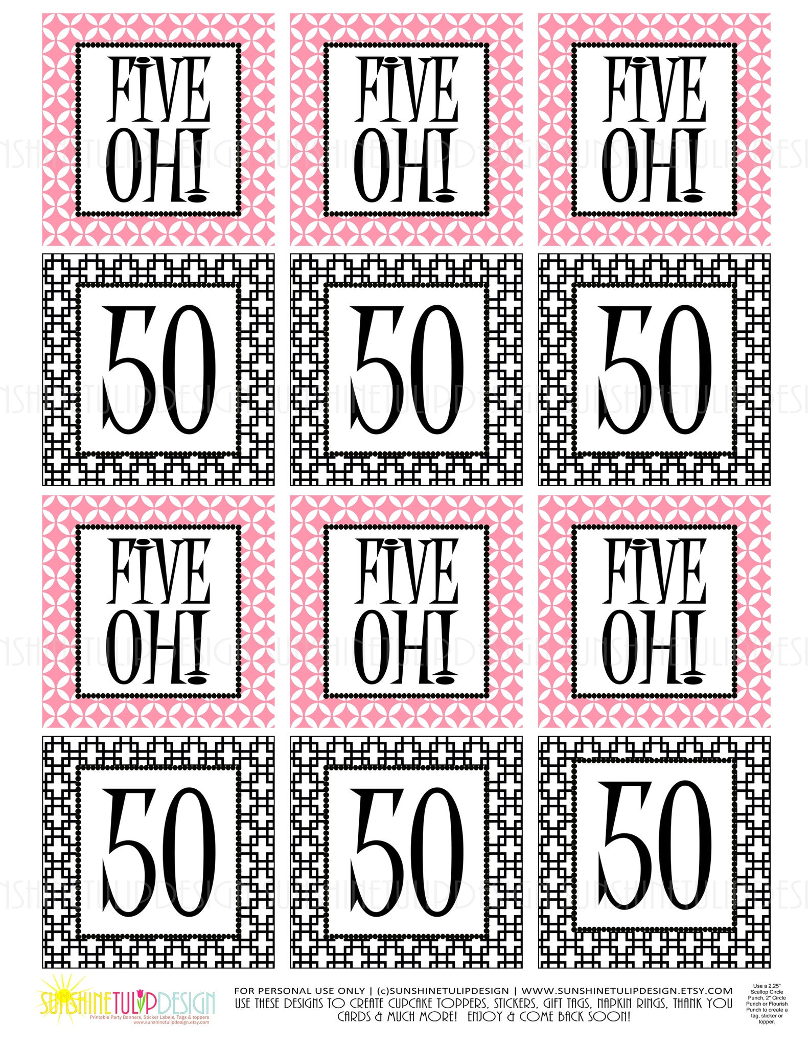 Printable 50th Birthday Five Oh! Pink & Black Cupcake Toppers, Sticker - Sunshinetulipdesign printable-50th-birthday-five-oh-pink-black-cupcake-toppers-sticker-sunshinetulipdesign