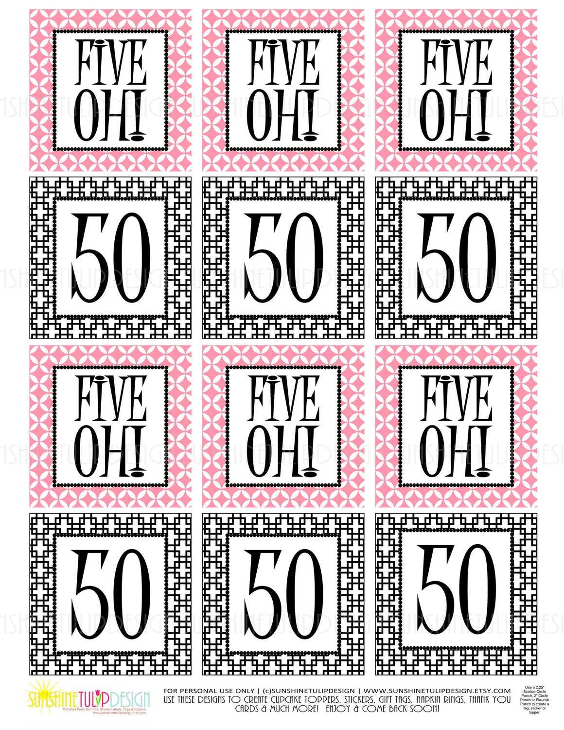 Printable 50th Birthday Five Oh! Pink & Black Cupcake Toppers, Sticker Labels & Party Favor Tags - Sunshinetulipdesign