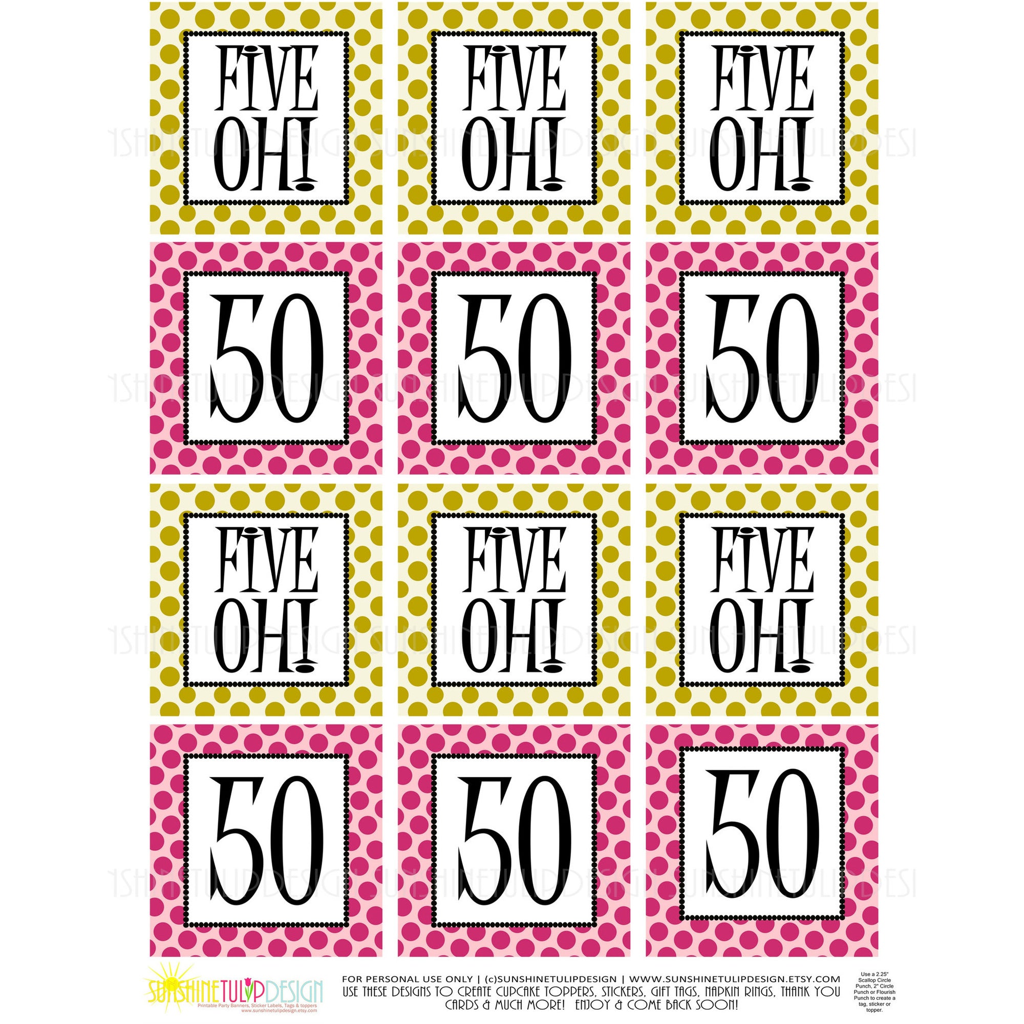 Printable 50th Birthday Five Oh! Hot Pink & Gold Cupcake Toppers, Stic - Sunshinetulipdesign printable-50th-birthday-five-oh-hot-pink-gold-cupcake-toppers-stic-sunshinetulipdesign