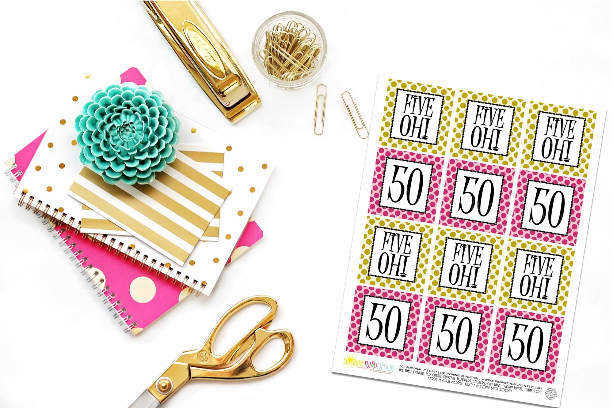 Printable 50th Birthday Five Oh! Hot Pink & Gold Cupcake Toppers, Sticker Labels & Party Favor Tags - Sunshinetulipdesign - 2