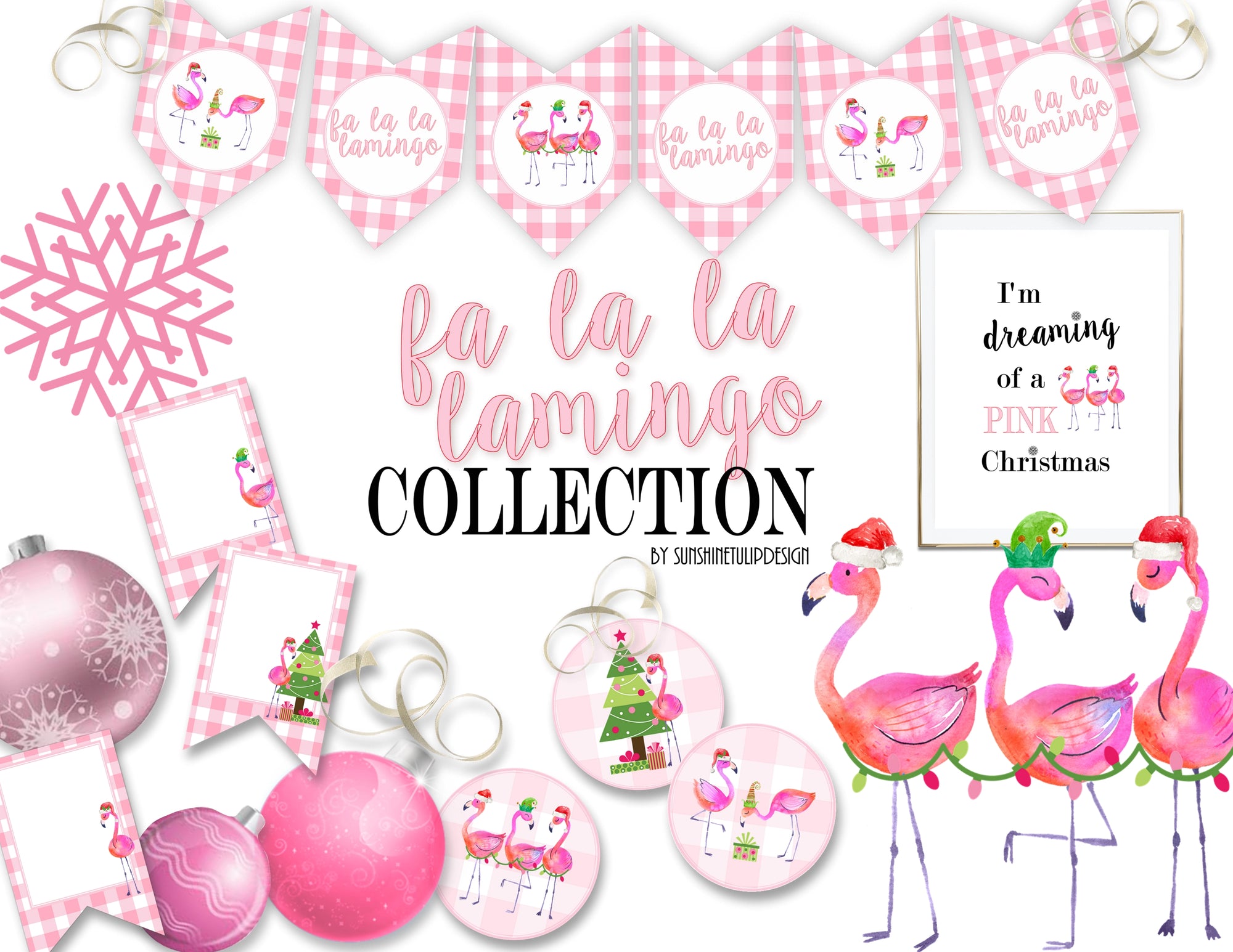 Printable Pink Flamingo Christmas Collection Package, Printable Fa La La Lamingo Christmas Party Package,