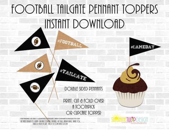 Printable Football Tailgating picks Black Football Pennant Birthday Picks & Toppers - Sunshinetulipdesign - 1