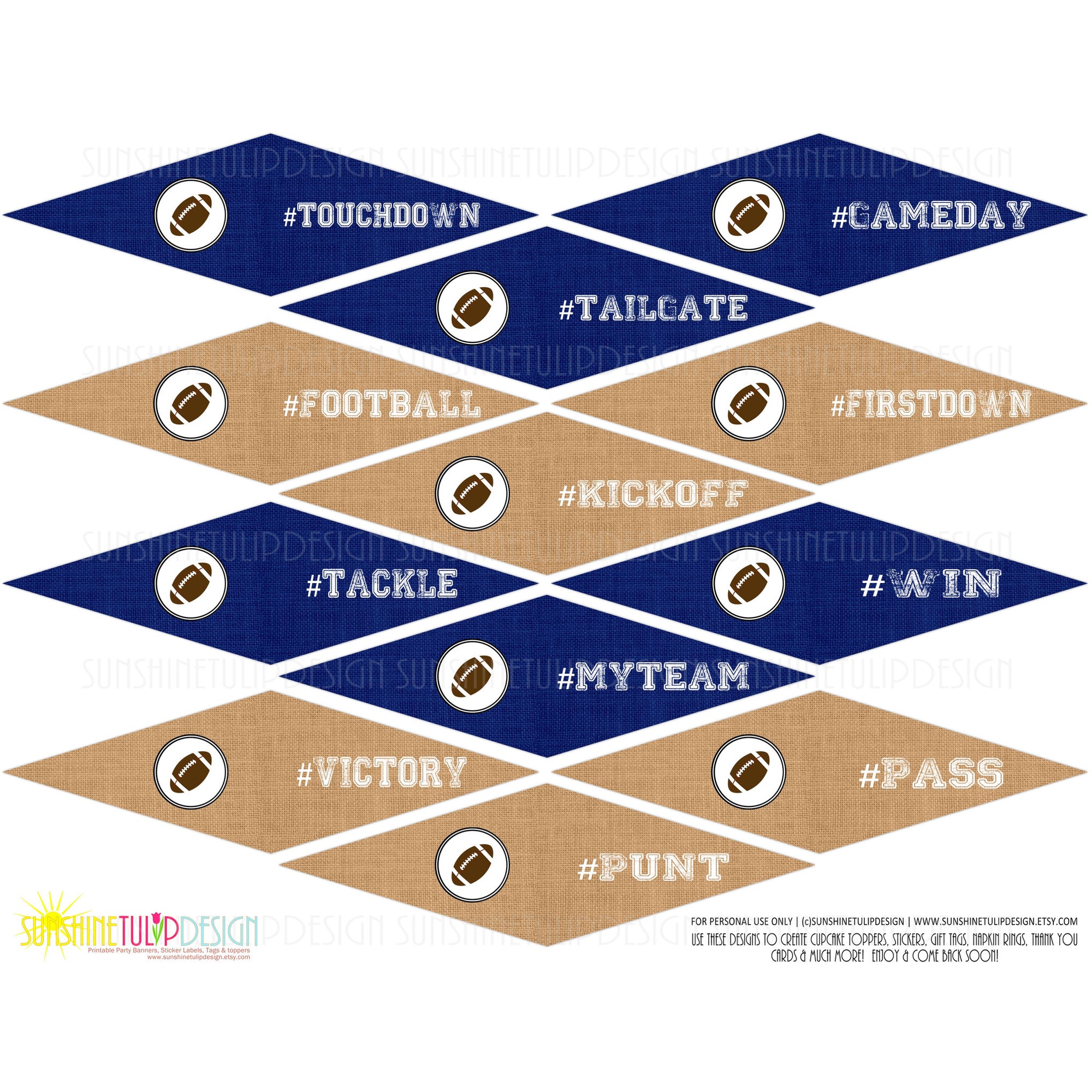Printable Blue Football Pennants Picks, Football Tailgate Toppers, Football Birthday Picks & Toppers by Sunshinetulipdesign - Sunshinetulipdesign - 3