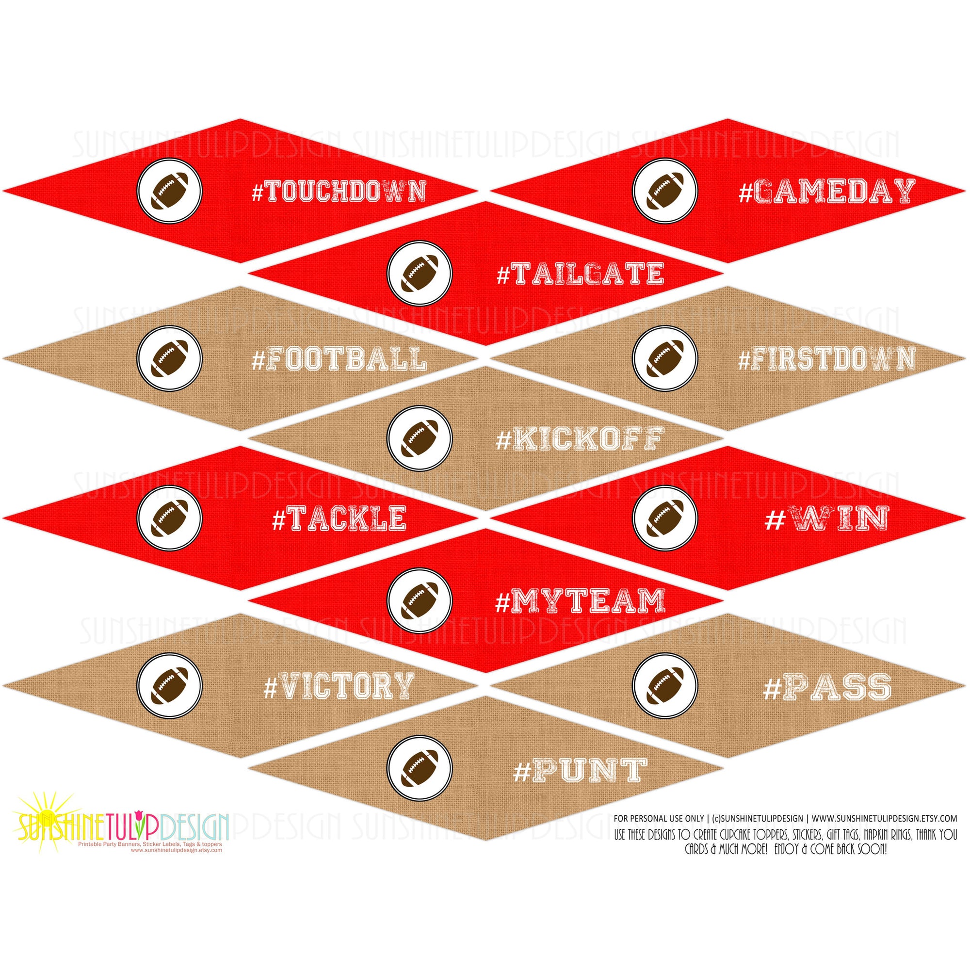 Printable Red Football Pennants Picks, Football Tailgate Toppers, Football Birthday Picks & Toppers by Sunshinetulipdesign - Sunshinetulipdesign - 3