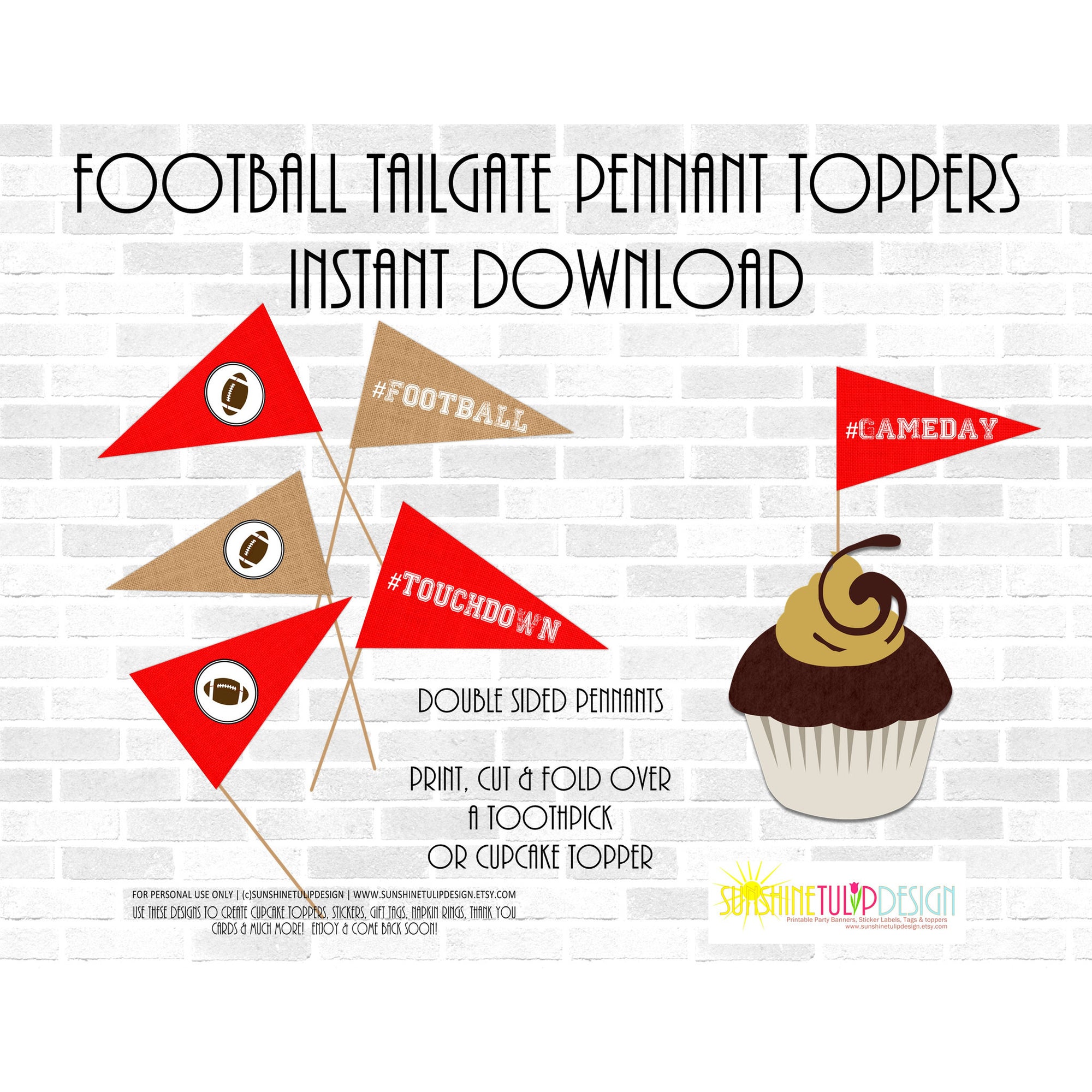 Printable Red Football Pennants Picks, Football Tailgate Toppers, Football Birthday Picks & Toppers by Sunshinetulipdesign - Sunshinetulipdesign - 2