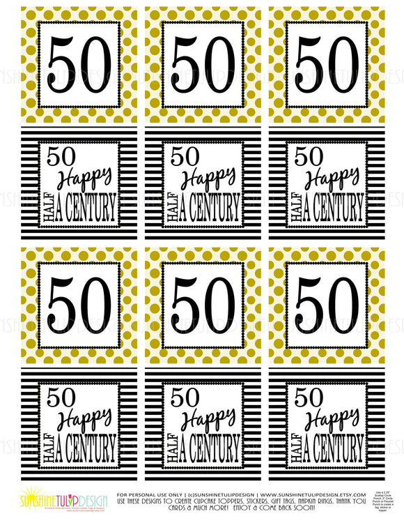 Printable 50th Birthday Half A Century Gold & Black Cupcake Toppers, Sticker Labels & Party Favor Tags - Sunshinetulipdesign