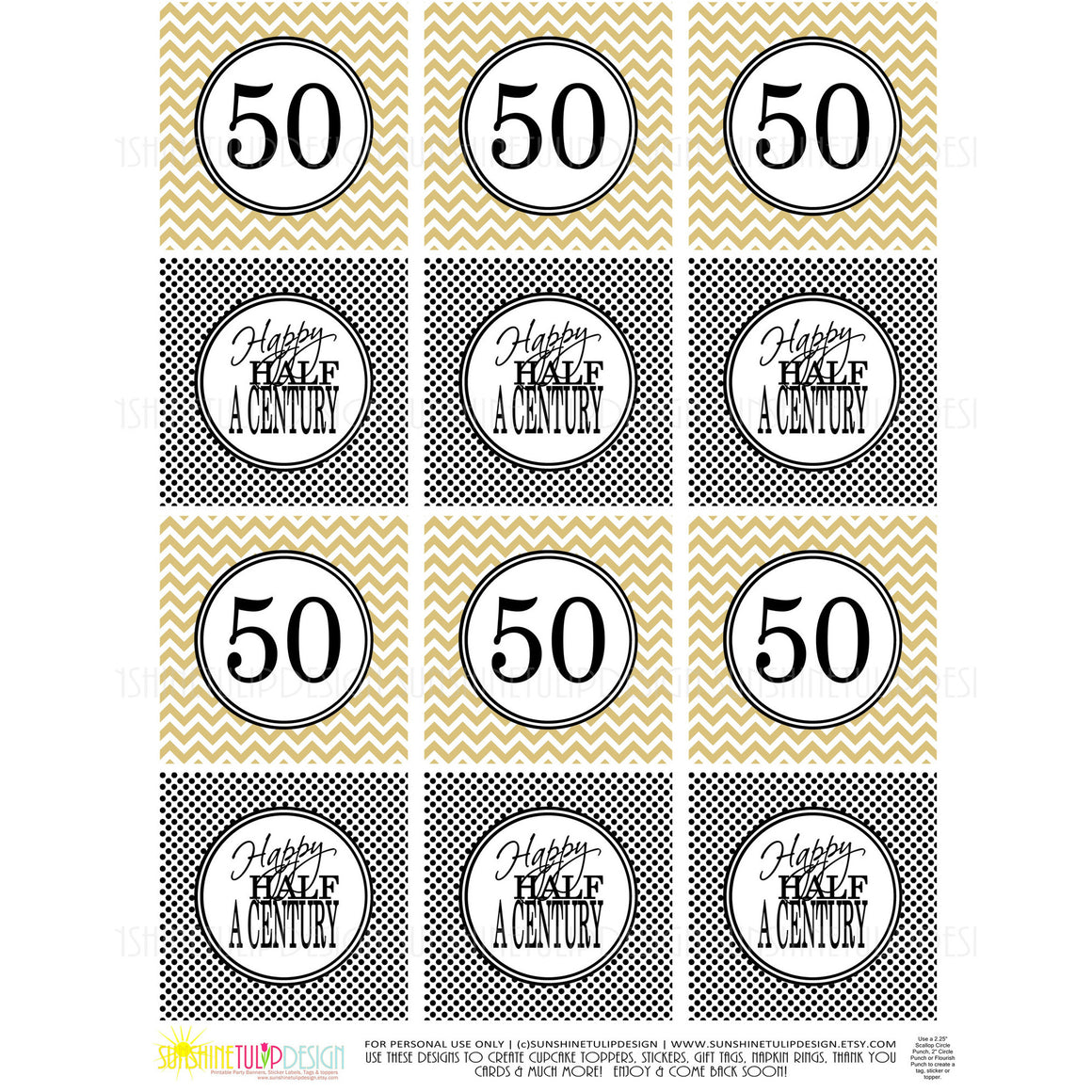 Printable 50th Birthday Half A Century Gold & Black Cupcake Toppers, Sticker Labels & Party Favor Tags - Sunshinetulipdesign