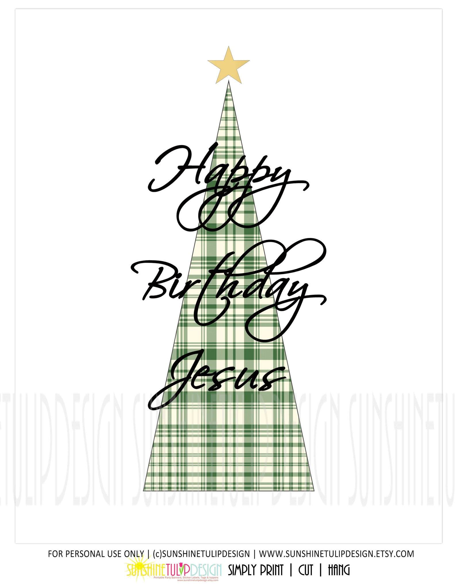 Printable Christmas Wall Decor, Happy Birthday Jesus Christmas Print Art, Plaid Christmas Tree  by SUNSHINETULIPDESIGN - Sunshinetulipdesign - 2