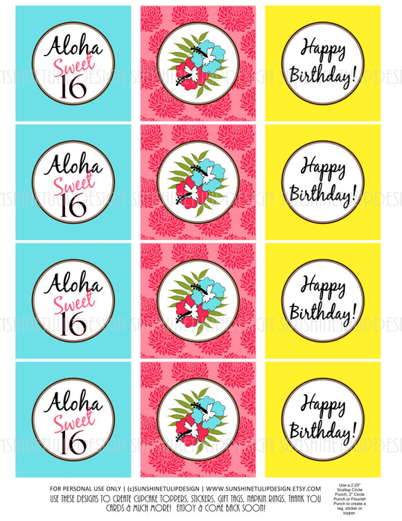 Printable Sweet 16 LUAU Birthday Cupcake Toppers, Luau Party Gift Tags by SUNSHINETULIPDESIGN