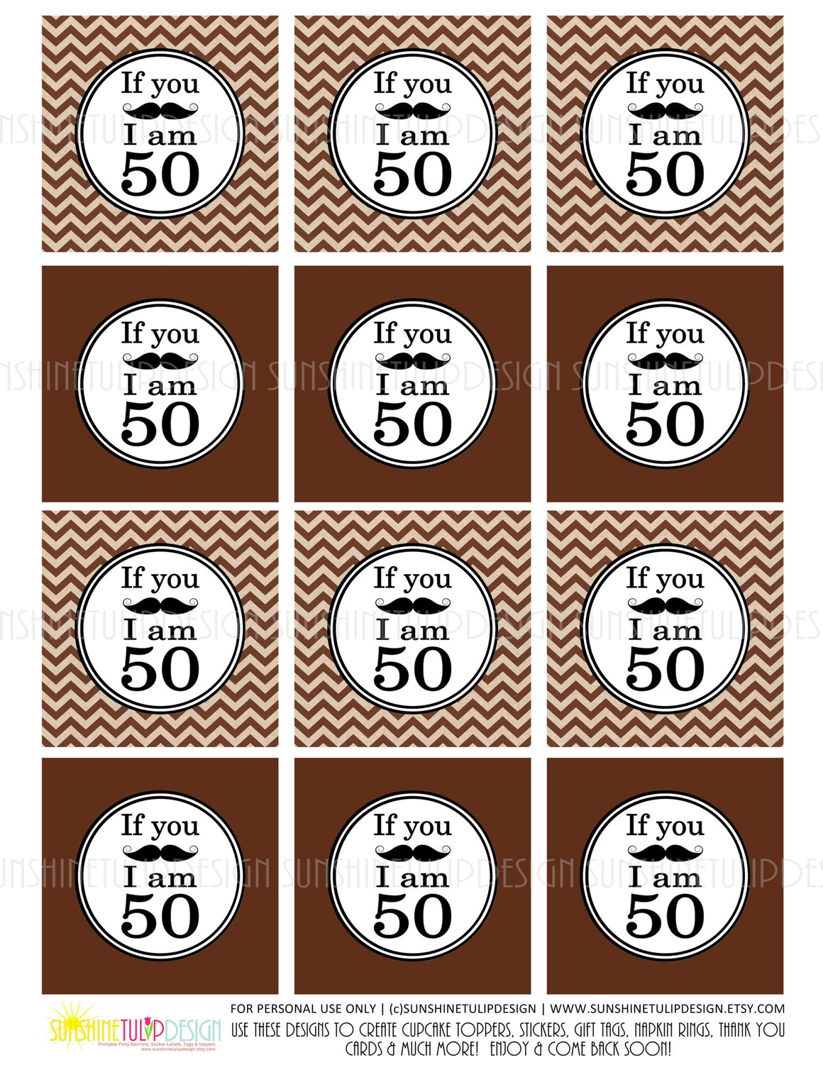 Printable 50th Birthday If You Mustache Cupcake Toppers, Sticker Labels & Party Favor Tags - Sunshinetulipdesign