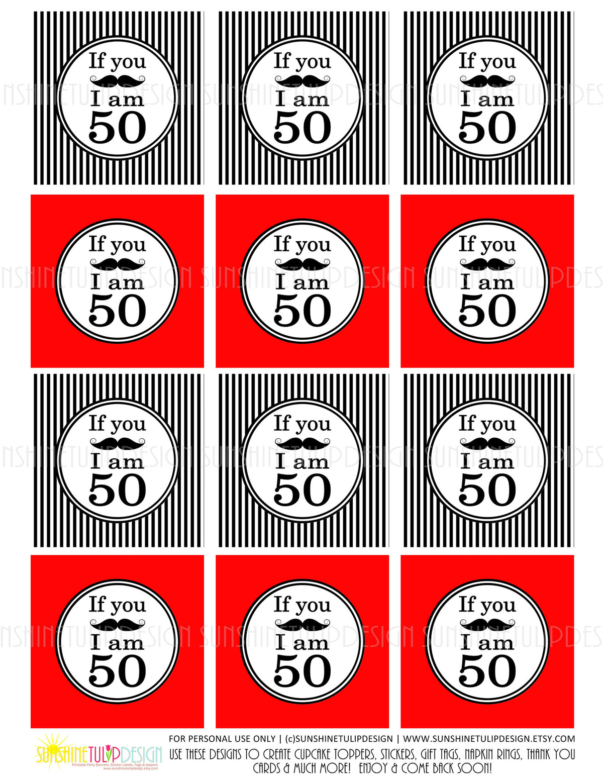 Printable 50th Birthday If You Mustache Cupcake Toppers, Sticker Labels & Party Favor Tags