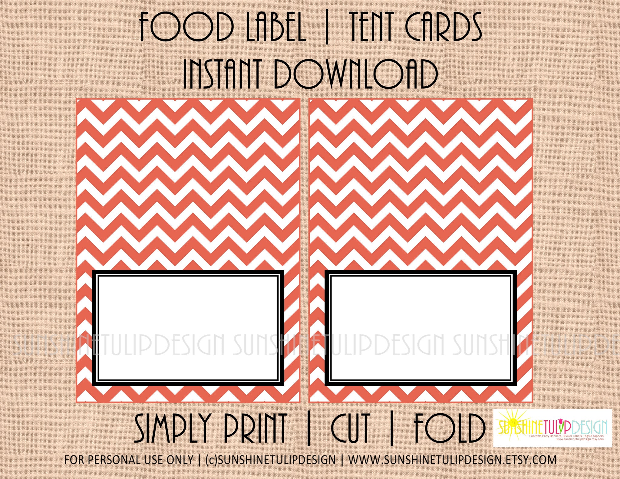 printable food label buffet tent cards coral & white chevron