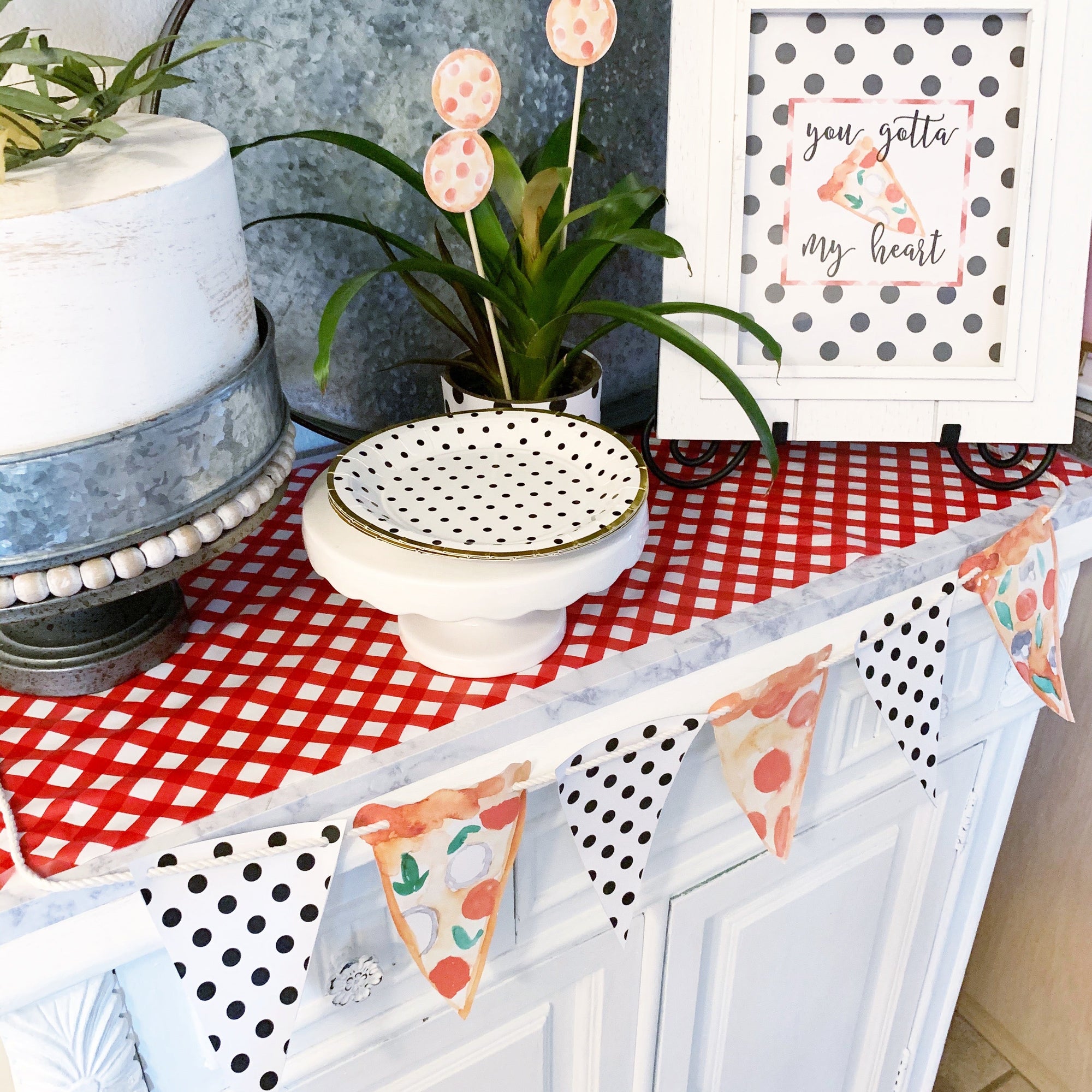 Printable Pizza Party Decorations, Instant Download Polka Dot Pizza Party Package by SUNSHINETULIPDESIGN