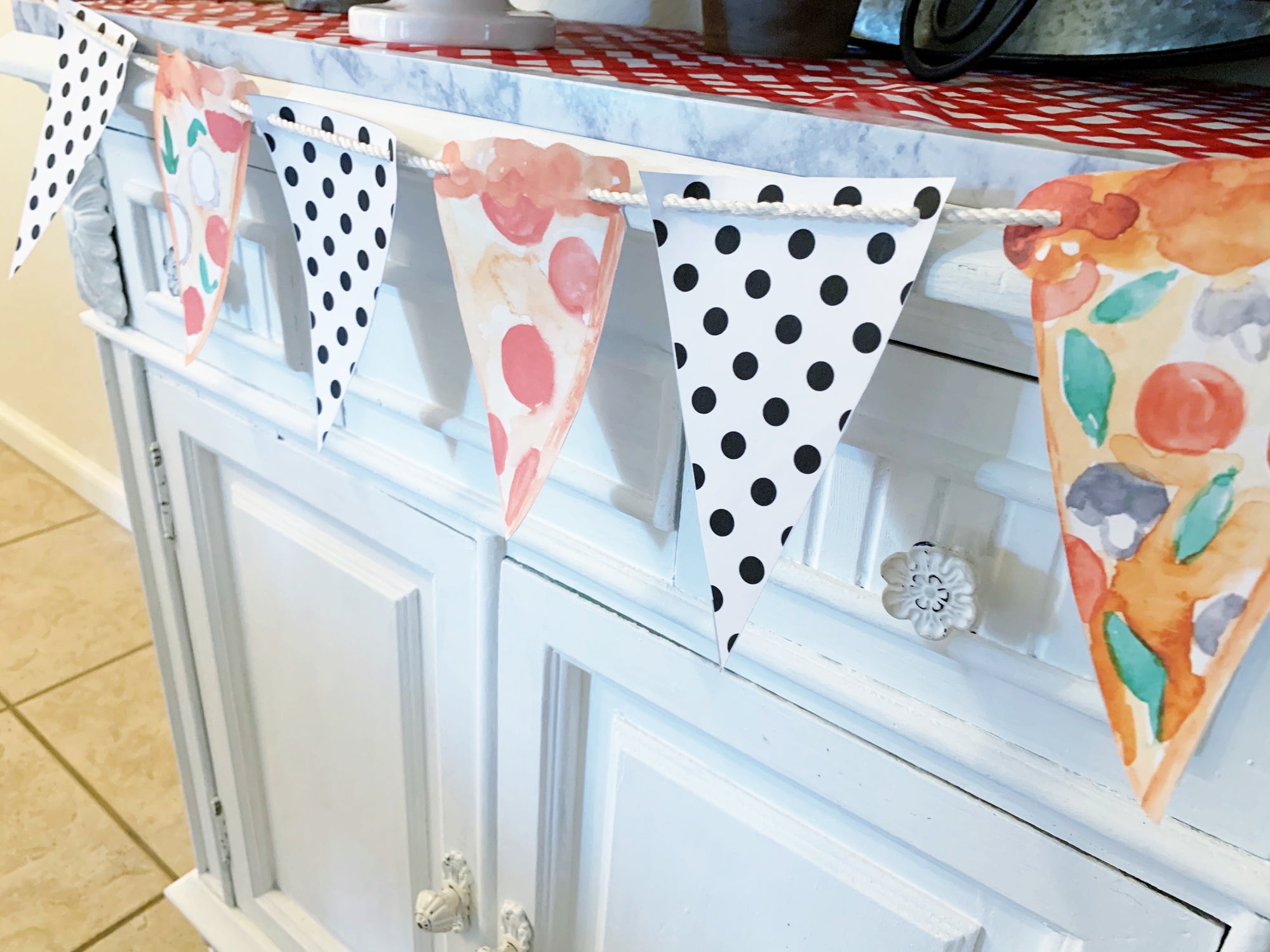 Printable Pizza Party Decorations, Instant Download Polka Dot Pizza Party Package by SUNSHINETULIPDESIGN