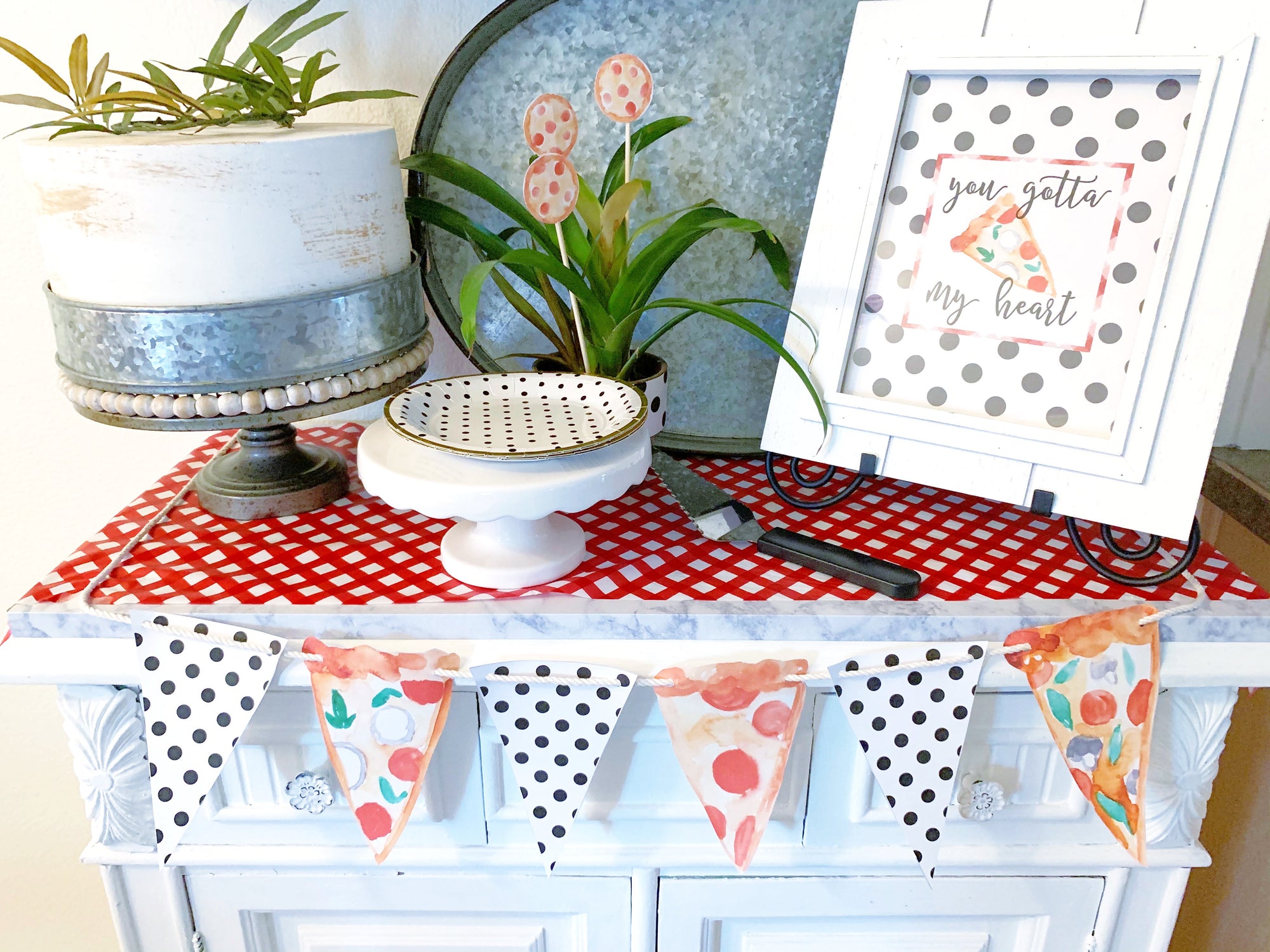 Printable Pizza Party Decorations, Instant Download Polka Dot Pizza Party Package by SUNSHINETULIPDESIGN