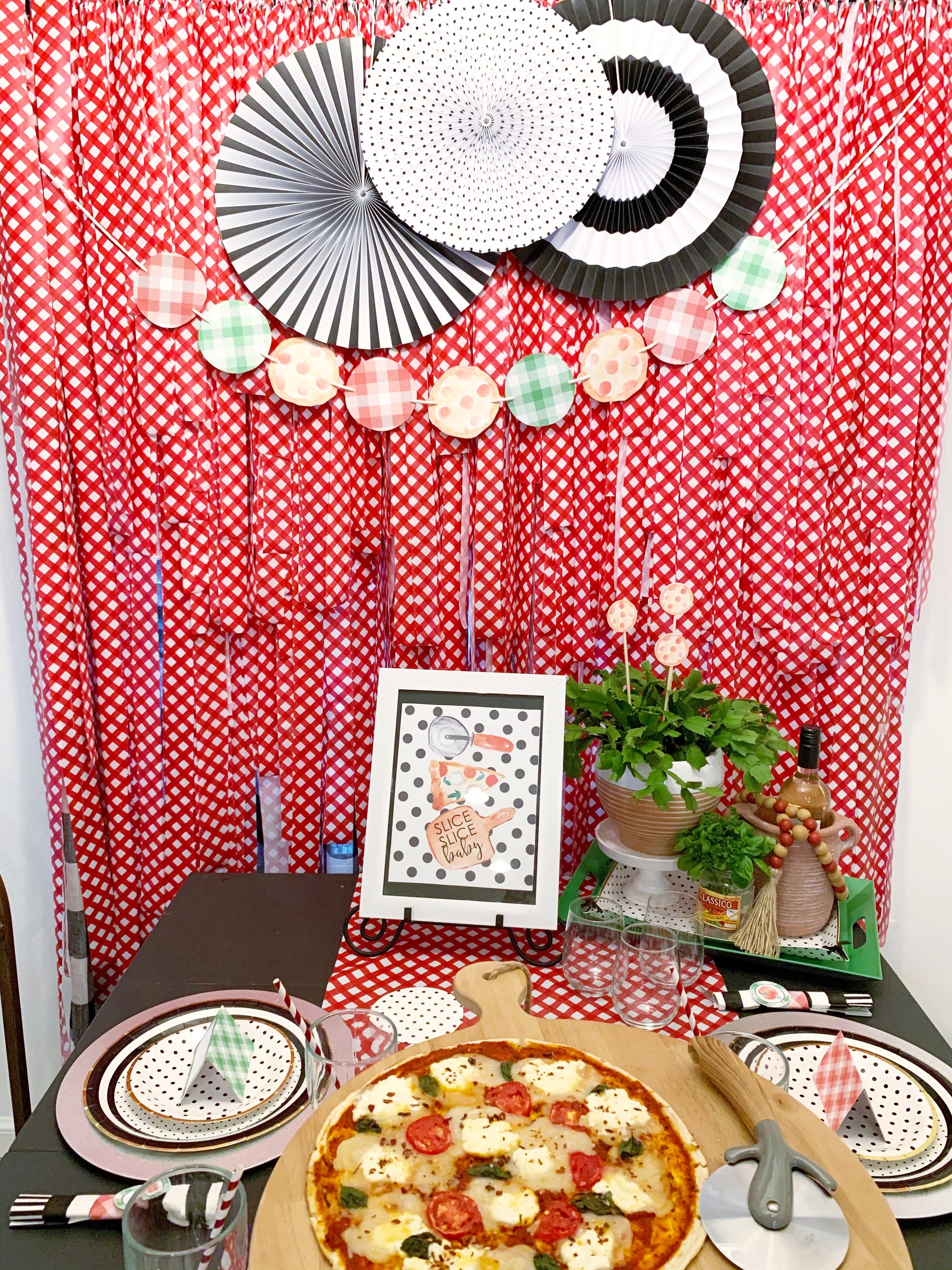 Printable Pizza Party Decorations, Instant Download Polka Dot Pizza Party Package by SUNSHINETULIPDESIGN