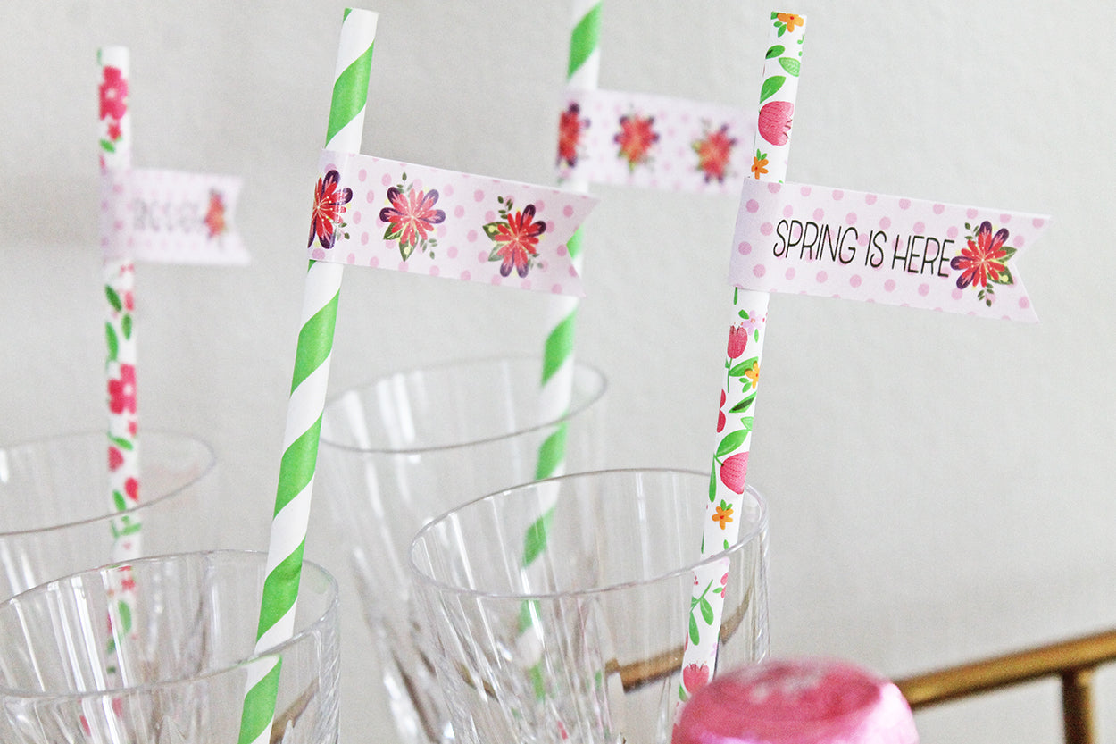 Printable Spring is Here Drink Flag Straws, Printable Spring Floral Flag Straws by SUNSHINETULIPDESIGN