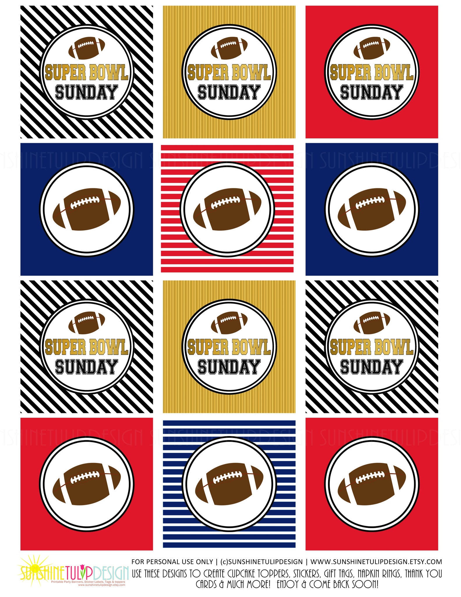 Printable Super Bowl Cupcake Toppers Gift Tags, Football Tailgate Gift Tags, Super Bowl Sunday Tags by SUNSHINETULIPDESIGN - Sunshinetulipdesign - 2